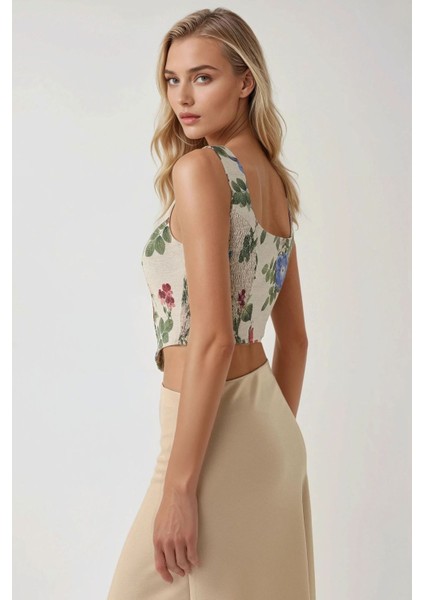 Kadın Kare Yaka Çiçek Desenli Gipeli Crop Top Çok Renkli