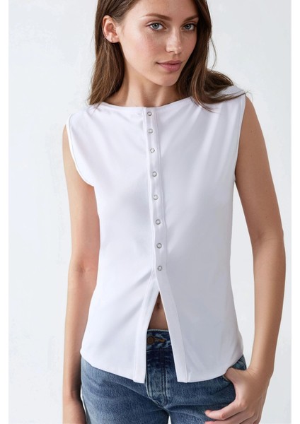 Kadın Dar Fit Bisiklet Yaka Örme Yelek White