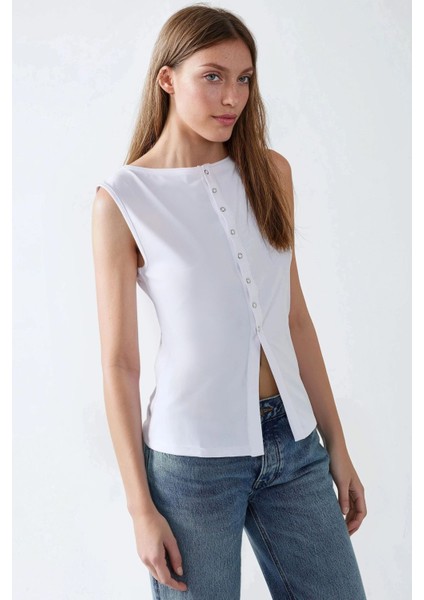 Kadın Dar Fit Bisiklet Yaka Örme Yelek White