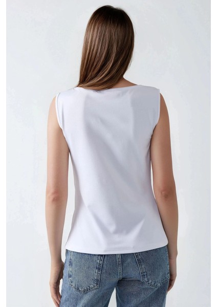 Kadın Dar Fit Bisiklet Yaka Örme Yelek White