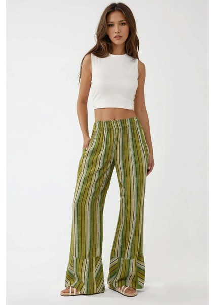 Kadın Wide Leg Çizgi Desenli Rahat Kesim Pantolon Green