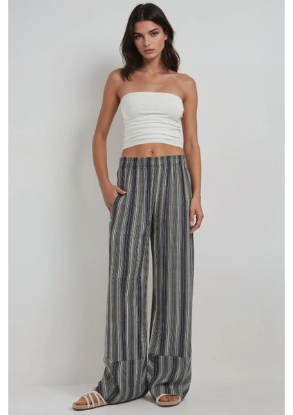 Kadın Wide Leg Çizgi Desenli Rahat Kesim Pantolon Black