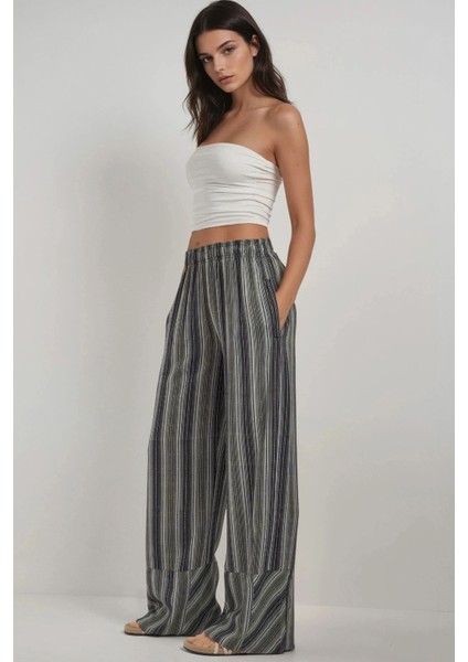 Kadın Wide Leg Çizgi Desenli Rahat Kesim Pantolon Black