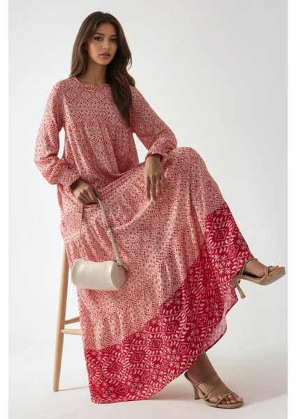 Kadın Baskılı Viskon Modest Elbise Pink