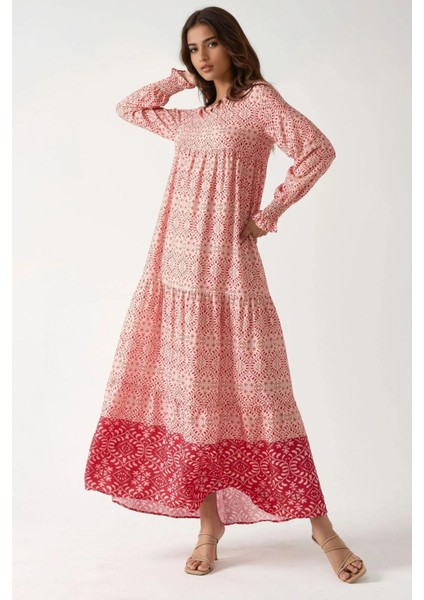 Kadın Baskılı Viskon Modest Elbise Pink