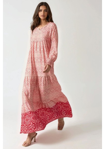 Kadın Baskılı Viskon Modest Elbise Pink