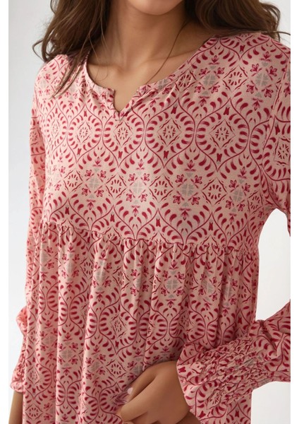 Kadın Baskılı Viskon Modest Elbise Pink