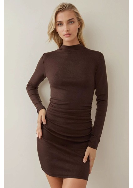 Kadın Bodycon Modal Kumaş Mini Elbise Kestane Kahvesi