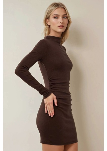 Kadın Bodycon Modal Kumaş Mini Elbise Kestane Kahvesi