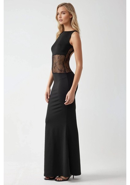 Kadın Dantel Detaylı, Yuvarlak Yaka Bodycon Şık Maxi Elbise Black