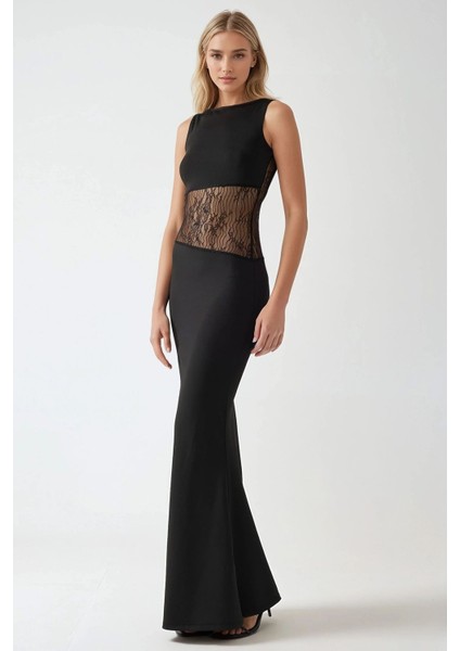 Kadın Dantel Detaylı, Yuvarlak Yaka Bodycon Şık Maxi Elbise Black