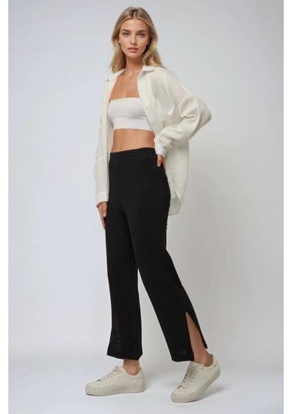 Kadın Premium Yüksek Bel Dokulu Düz Pantolon Black