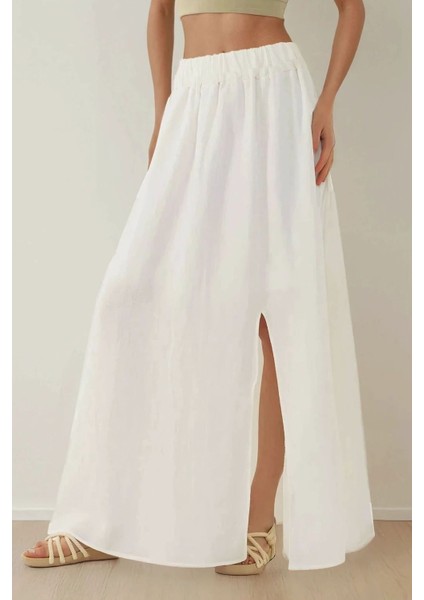 Kadın Yüksek Bel A-Form Yırtmaçlı Maxi Etek White