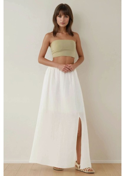 Kadın Yüksek Bel A-Form Yırtmaçlı Maxi Etek White