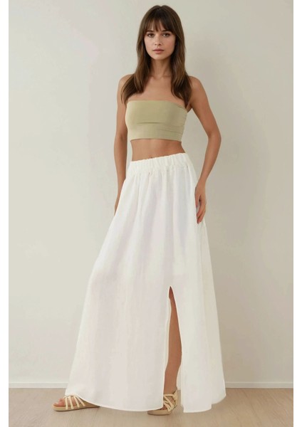 Kadın Yüksek Bel A-Form Yırtmaçlı Maxi Etek White