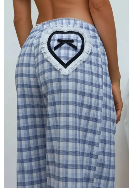 Kadın Arkası Kalp İşleme Detaylı Ekose Desenli Pijama Altı Blue