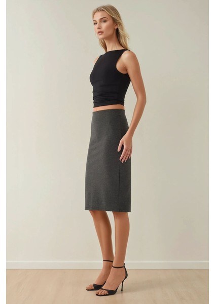 Kadın Yüksek Bel Bodycon Midi Örme Etek Grey