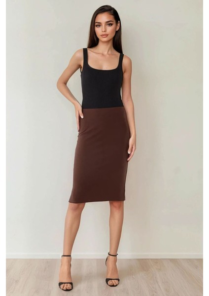 Kadın Yüksek Bel Bodycon Midi Örme Etek Brown