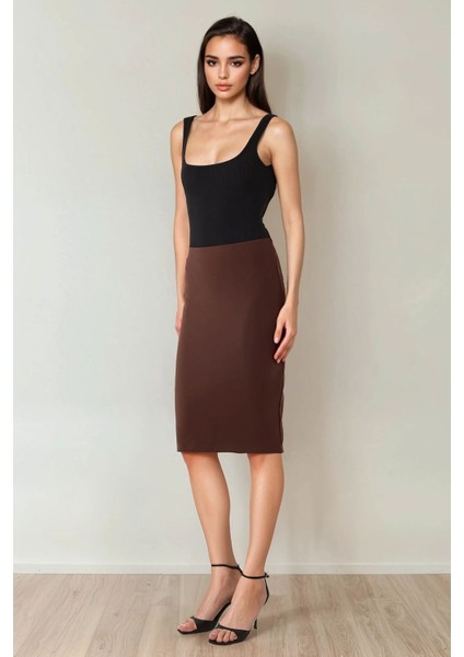 Kadın Yüksek Bel Bodycon Midi Örme Etek Brown
