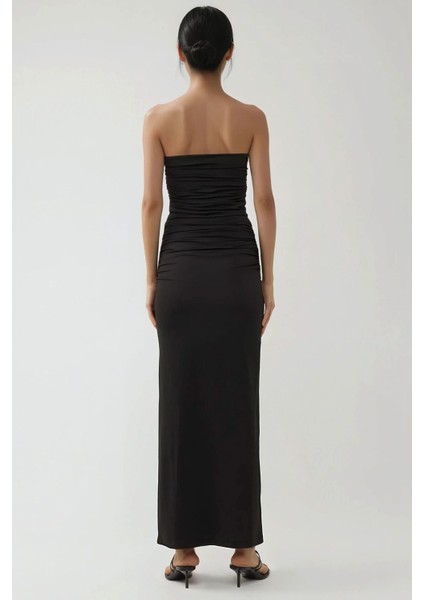 Kadın Straplez Yanları Drapeli Bodycon Maxi Elbise Siyah