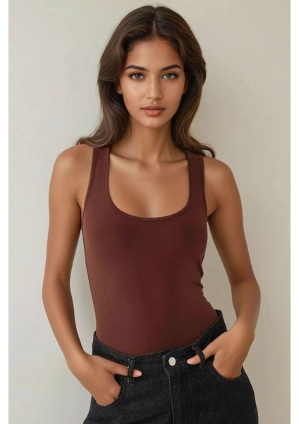 Kadın Fitted Kare Fitilli Üst Brown