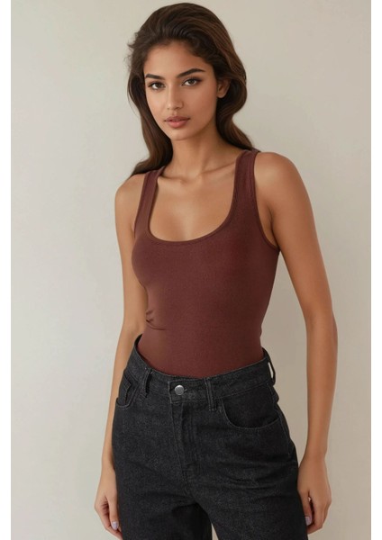 Kadın Fitted Kare Fitilli Üst Brown