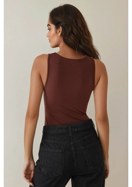 Kadın Fitted Kare Fitilli Üst Brown