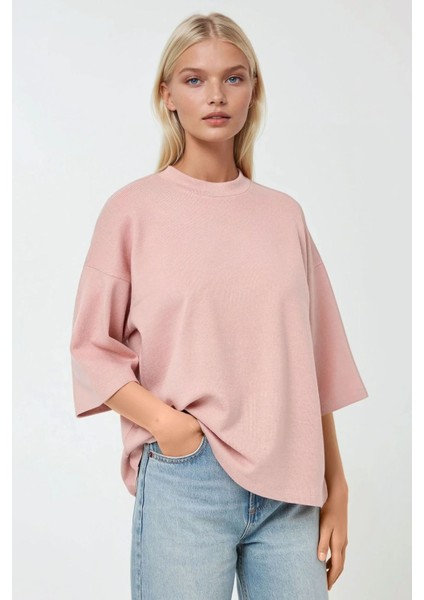 Kadın Rahat Kesim Bisiklet Yaka Tişört Toz Pembe indirimleri