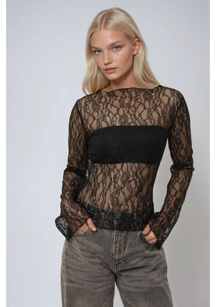 Kadın Bisiklet Yaka Dantel Bluz Black indirimleri