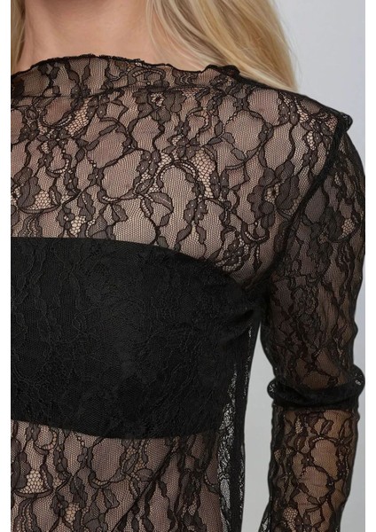 Kadın Bisiklet Yaka Dantel Bluz Black