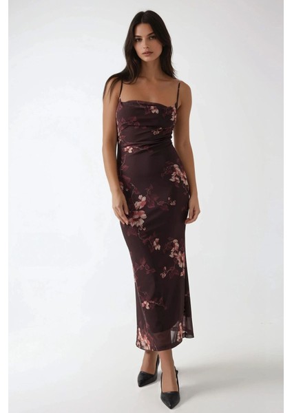Kadın Desenli Askılı Bodycon Maxi Elbise Brown