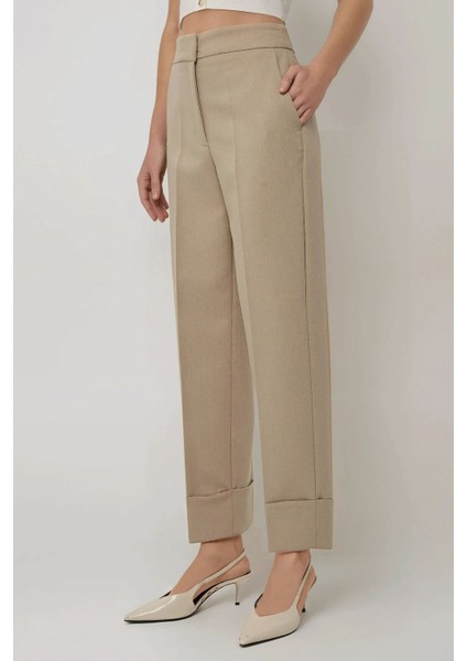 Kadın Premium Kalite Paçası Çift Katlı Havuç Pantolon Natural