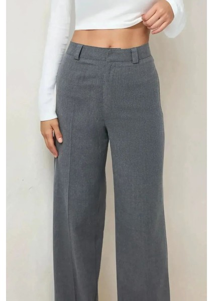 Kadın Beli Kopçalı Dokuma Pantolon Gri
