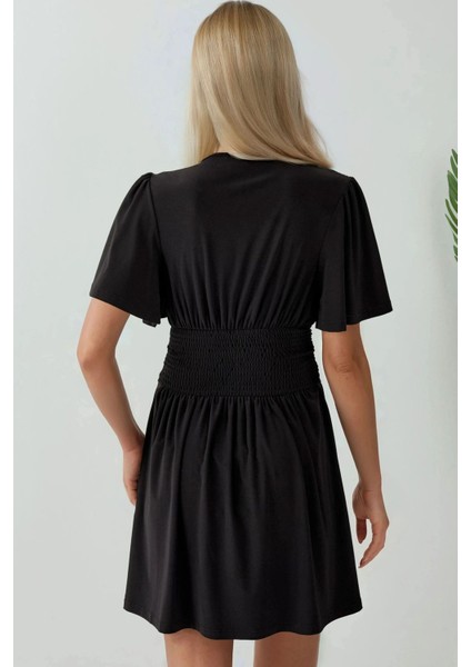 Kadın V Yaka Kısa Kol Büzgülü Mini Elbise Black