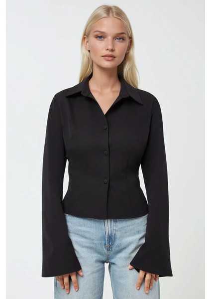 Kadın Fitted Uzun Kollu Pamuklu Gömlek Black