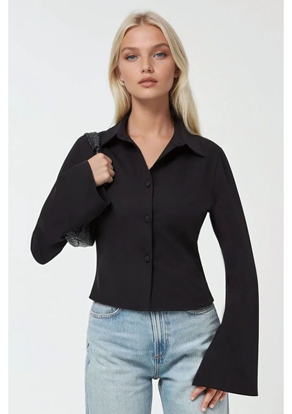 Kadın Fitted Uzun Kollu Pamuklu Gömlek Black