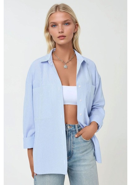 Kadın Çizgili Uzun Kollu Regular Fit Rahat Gömlek Blue indirimleri