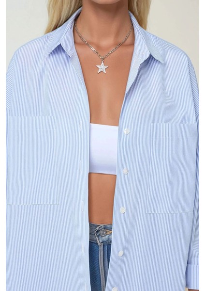 Kadın Çizgili Uzun Kollu Regular Fit Rahat Gömlek Blue