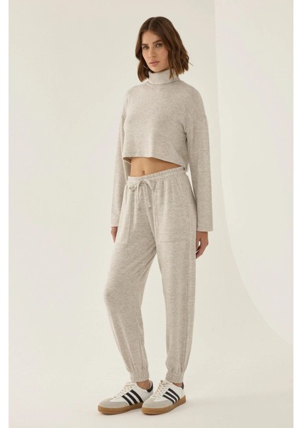 Kadın Esnek Bel Dikişli Eşofman Altı Natural