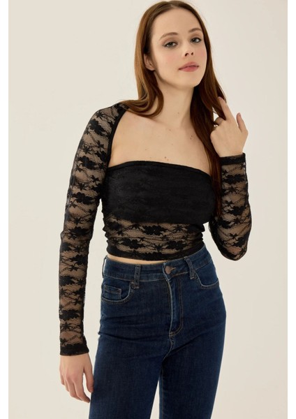 Kadın Dar Kesim Uzun Kollu Dantel Üst Siyah