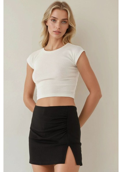 Kadın Drape Detaylı Mini Şort Etek Siyah