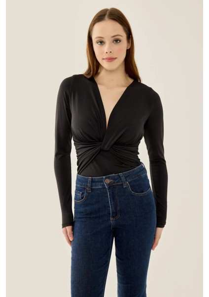 Kadın V Yaka Uzun Kollu Slim Fit Bodysuit Black