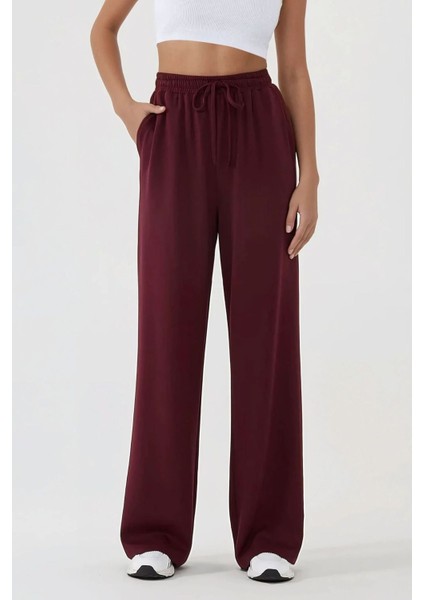 Kadın Wide Leg Beli Lastikli Örme Eşofman Altı Red