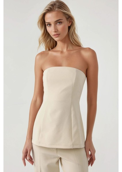Kadın Straplez Dar Uzun Bluz Natural