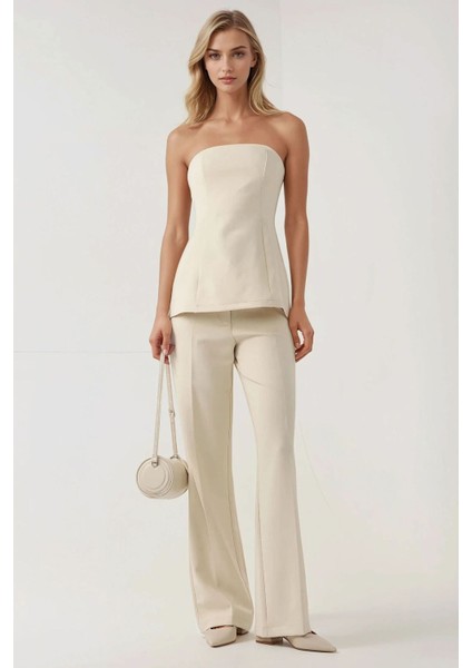 Kadın Straplez Dar Uzun Bluz Natural