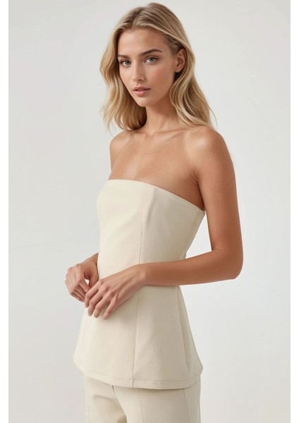 Kadın Straplez Dar Uzun Bluz Natural