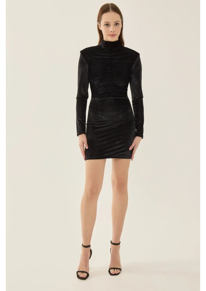 Kadın Vatkalı Kadife Mini Elbise Black