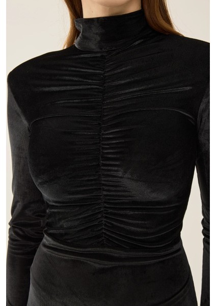 Kadın Vatkalı Kadife Mini Elbise Black