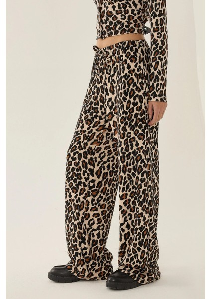 Kadın Leopar Desenli Düz Paça Pantolon Multicolor