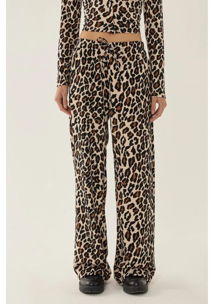 Kadın Leopar Desenli Düz Paça Pantolon Multicolor